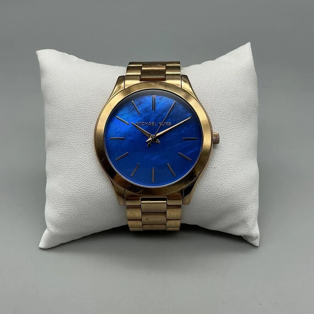 Michael Kors Womens Watch 42mm Blue Dial Gold Tone MK-3494 New Battery 6.5